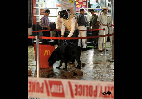 In this picture taken Wednesday, Aug. 1, 2012, an Indian police officer and sniffer dog examine the site of one of four small blasts in the city of Pune, India. India's home minister says four small explosions took place in the western Indian city and one person suffered minor injuries in the blasts. (AP Photo)