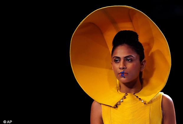 An Indian model displays creation by Next Generation during the Lakme Fashion Week in Mumbai, India, Friday, Aug. 3, 2012. (AP Photo)