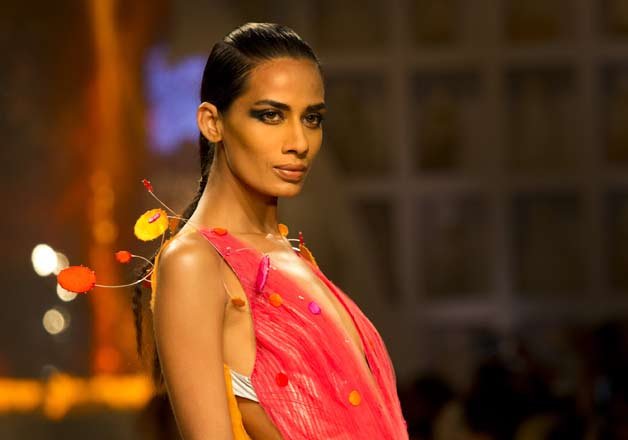 A model displays a creation of Indian designer Wendell Rodricks during the grand finale of Amazon India fashion Week, in New Delhi.