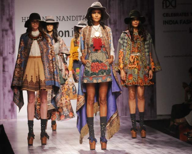 Models showcase the collection by designer duo Hemant &amp; Nandita at ongoing Amazon India Fashion Week 2015.