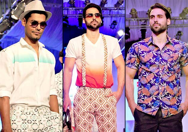 Male models showcasing a staggering beach wear collection as they walk the ramp on Day 2 of India Beach Fashion Week.