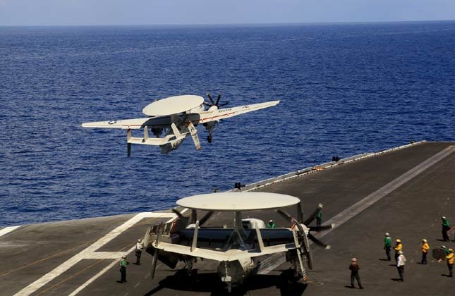 Eye in the Sky E2D Hawkeye AWACS taking off from the US Carrier USS Theodore Roosevelt during the ongoing Exercise Malabar 2015 somewhere in Indian Ocean on Sunday (18 Oct 2015). Photo Sitanshu Kar, DG (M &amp; C), DPR, MoD.
