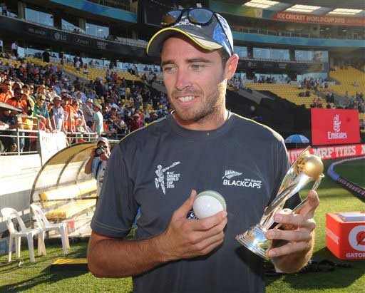 New Zealand bowler Tim Southee holds his man of the match trophy after taking seven wickets in New Zealand's eight wicket win over England in their Cricket World Cup match in Wellington, New Zealand, Friday Feb. 20, 2015. (AP Photo)