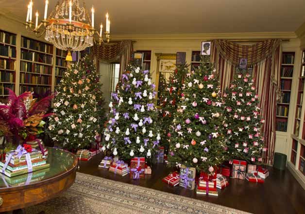 The Library on the ground floor of the White House on Tuesday, Dec. 2, 2015, in Washington as Christmas decorations for 2015 are unveiled. (AP Photo)