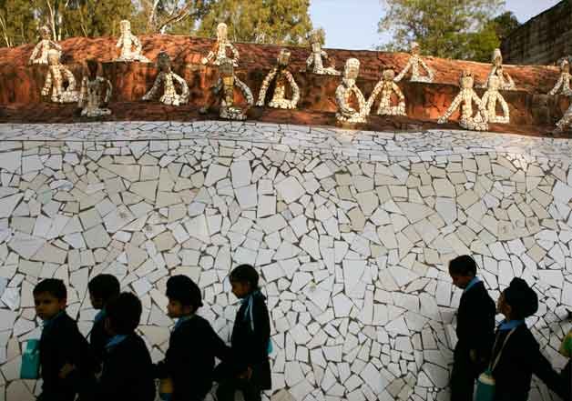 Students take a tour of the Nek Chand Rock Garden in Chandigarh.