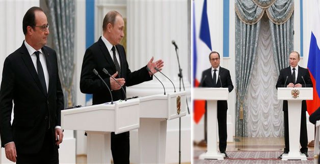 Russian President Vladimir Putin with his French counterpart Francois Hollande, in Moscow, Russia on Thursday.