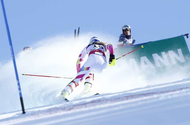 United States' Lindsey Vonn goes off the course during the women's alpine slalom competition at the alpine skiing world championships.