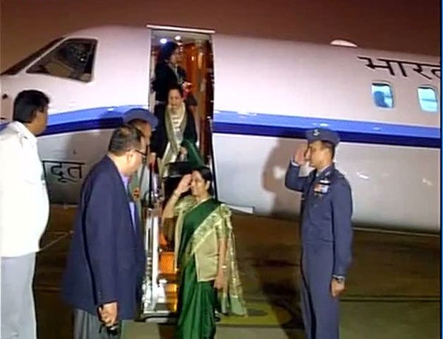 Sushma Swaraj arrives in Delhi after attending 'Heart of Asia' conference in Islamabad.